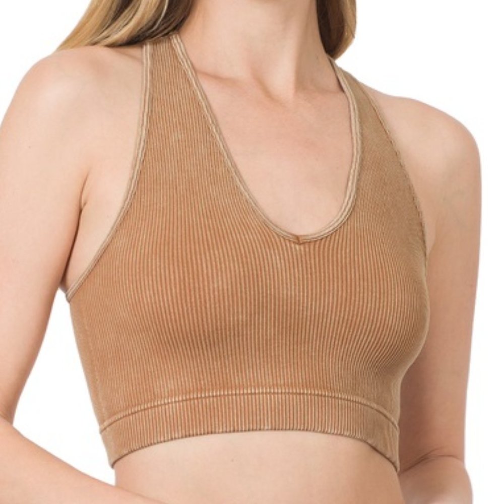 Deep Camel Stone Washed Cropped Ribbed Racerback Tank by Zenana